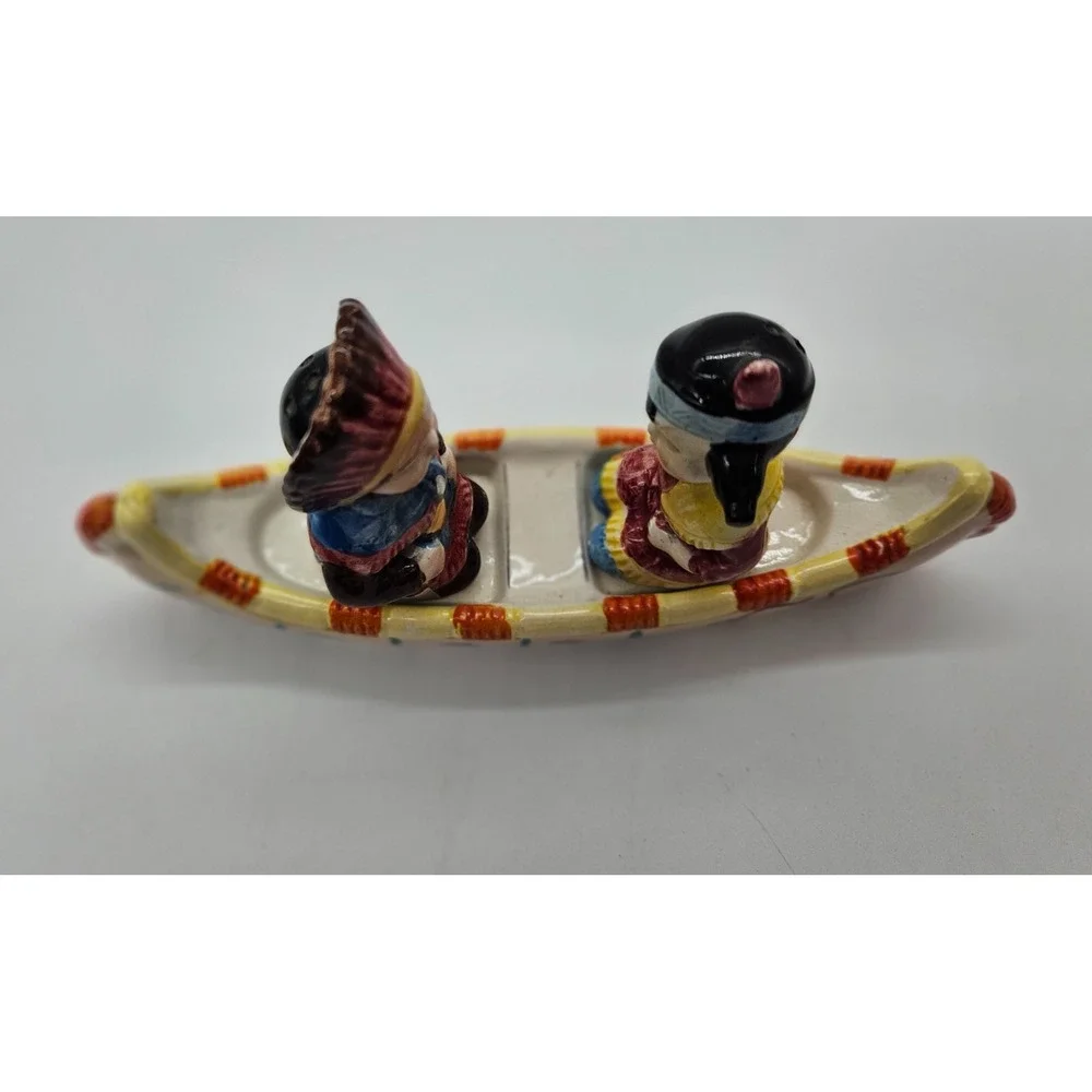 Vintage Japan Ceramic Salt and Pepper Shakers Indigenous Figures in Canoe Set